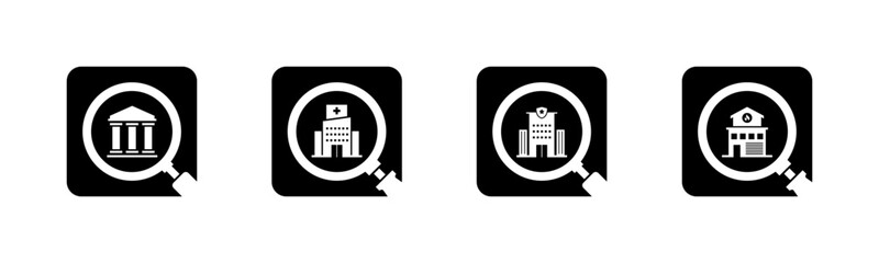 Public building and magnifying glass icon set illustration vector. Courthouse, Hospital, Police Station, Fire Station, with magnifying glass sign and symbol.