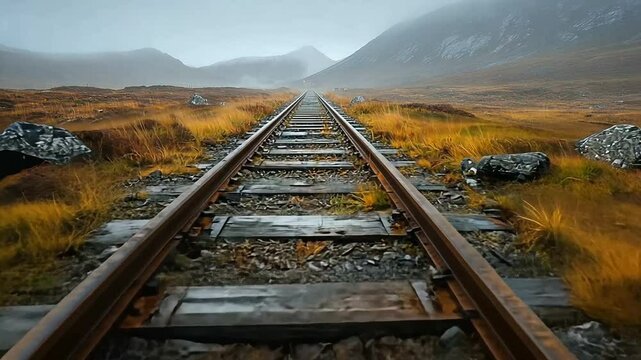 Serene railway tracks stretching through misty mountains and autumnal landscape