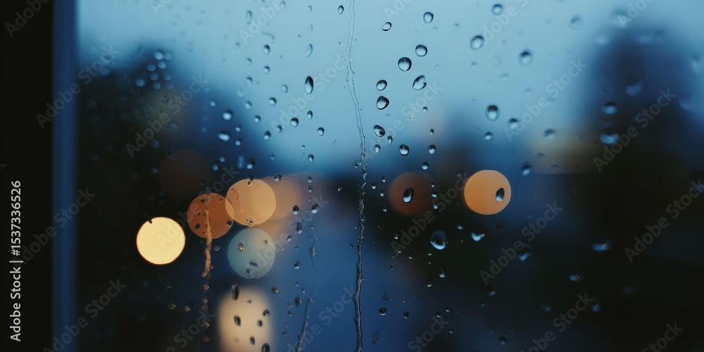 Poster rain drops on window with bokeh lights, representing cozy weather and atmospheric backgrounds