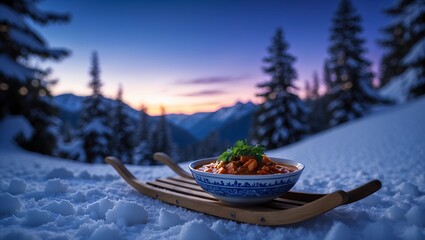 Bowl of food on sled in winter mountain landscape