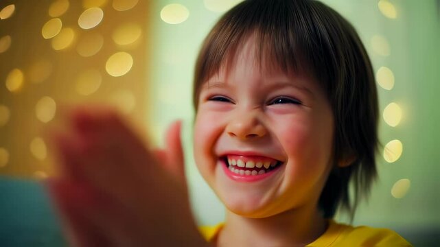 Joyful child clapping under warm bokeh lights
