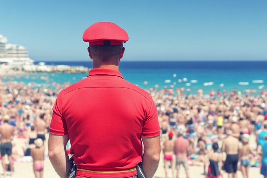 Lifeguard oversees crowded beach and swimmers during sunny day