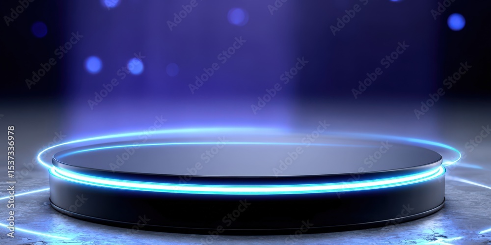 Poster modern product display podium with neon lights, ideal for technology and futuristic presentation