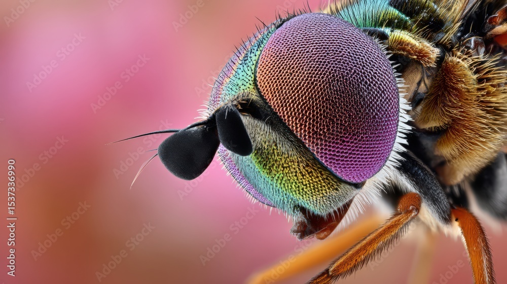 Poster extreme close-up of a hoverfly eye with iridescent colors, representing detailed observation and ent