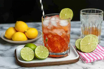 Fototapeta premium Refreshing lime beverage served with fresh limes and lemons on display
