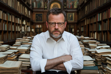 Linguist explores ancient manuscripts in a chaotic library setting