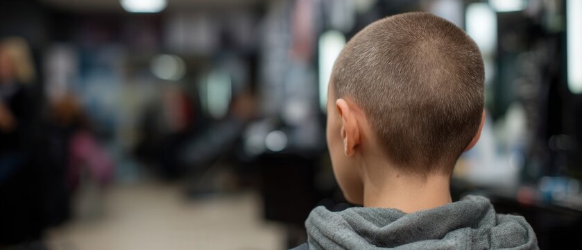 Young white child with buzz cut in a salon, back view Concept of new hairstyle, hair treatment, and beauty