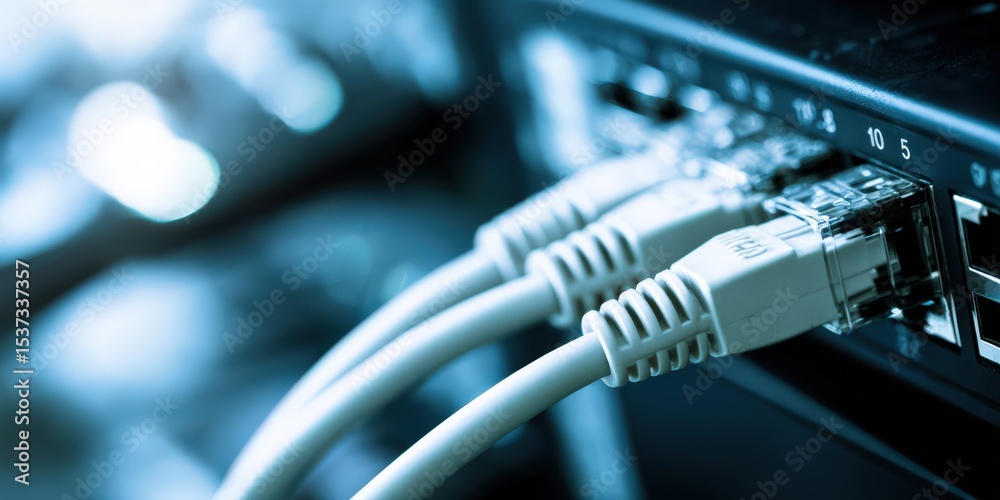 Poster Ethernet Cables Connected to a Network Switch, Illustrating Connectivity and Data Transmission