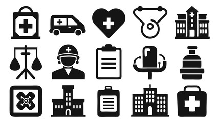 Collection of medical icons representing health ambulance hospital heart stethoscope and first aid kit