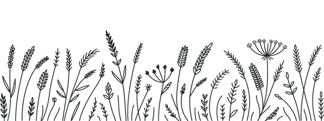 Elegant Hand Drawn Floral Border with Various Grasses and Wildflowers in Black and White for Invitations and Stationery Design