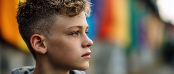 Thoughtful Caucasian boy with curly hair looking away outdoors with rainbow flag in background Concept of pride, youth, and acceptance