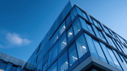 Modern Glass Office Building Against Blue Sky, Representing Corporate Growth and Urban Development