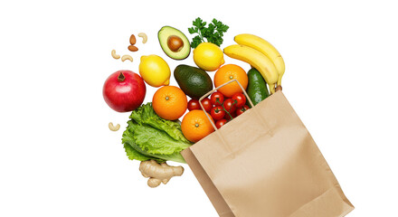 A vibrant array of fresh fruits and vegetables spills from a brown paper bag, isolated on transparent background