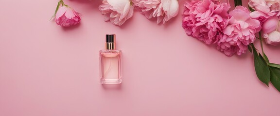 Perfume bottle with peony flowers on pink background