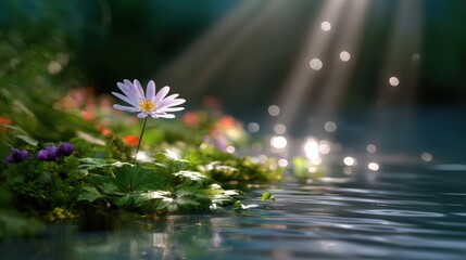 Delicate White Flower Reflecting in Water With Sunbeams, Symbolizing Natural Beauty and Serenity