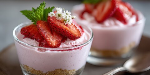 Strawberry Mousse Dessert in Glass With Mint and Flowers, Representing Culinary Delights and Indulgence