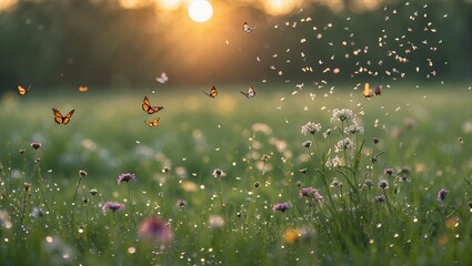Butterflies flying over grassy field at sunset creating magical scenery