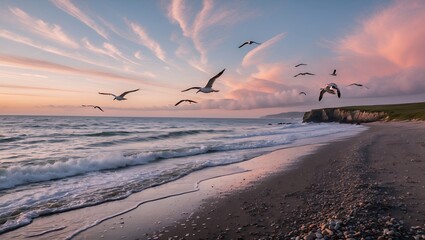 Seagulls Flying Over Sandy Beach at Sunset with Pastel Sky