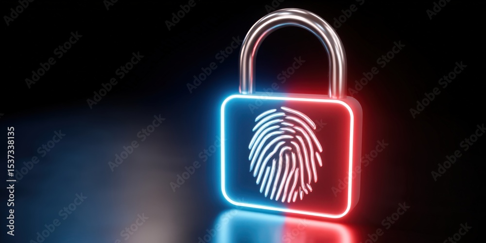 Poster glowing padlock with fingerprint scan, illustrating cybersecurity and data protection