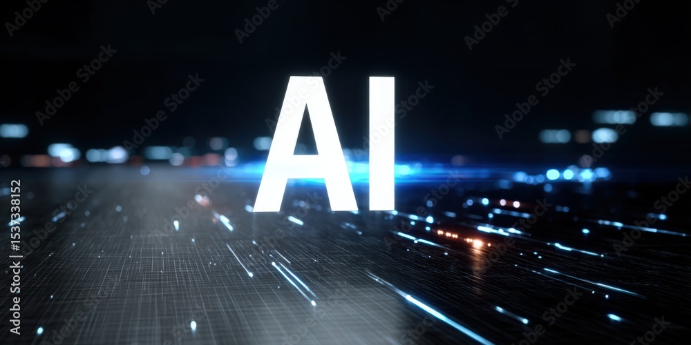 Poster Futuristic AI Text on Digital Grid, Representing Technological Advancement and Innovation