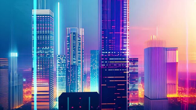 The Future Concept Cities Built From Colorful Light, Code, Technology Background.