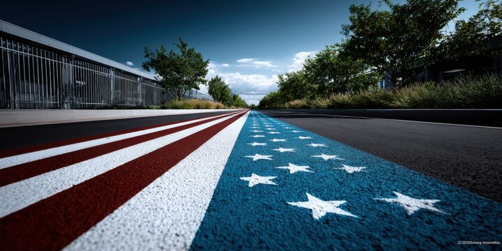 American Flag Painted on Road Leading to Building, Representing Patriotism and National Pride