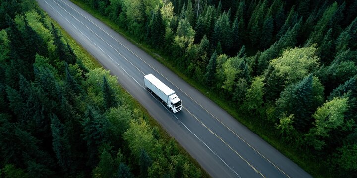 Aerial View of Semi-Truck on Highway Through Forest, Illustrating Transportation and Logistics