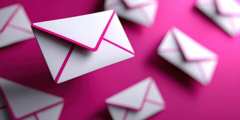 Floating White Envelopes on Pink Background, Illustrating Communication and Digital Marketing