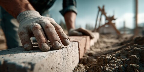 Bricklayer Laying Bricks With Gloved Hands, Depicting Construction Progress and Manual Labor