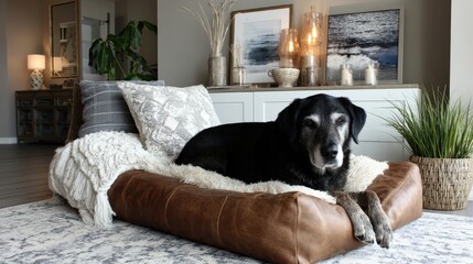Senior Black Labrador Retriever Dog Relaxing on a Brown Leather Dog Bed, Representing Pet Comfort