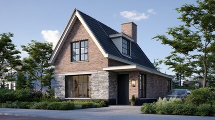 Charming Brick House With Stone Foundation Under Blue Sky, Showcasing Residential Architecture and Home Ownership