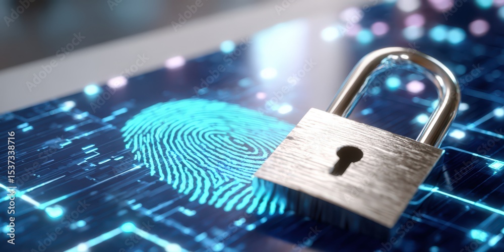 Poster Padlock Over Fingerprint on Circuit Board, Illustrating Cyber Security and Biometric Authentication