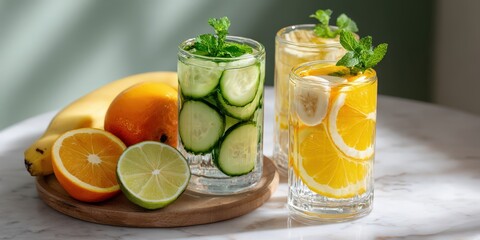 Fototapeta premium Refreshing Fruit Infused Water in Glasses With Mint, Promoting Healthy Hydration and Wellness