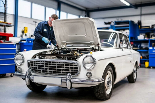Fototapeta Mechanic repairing a vintage car in a garage workshop