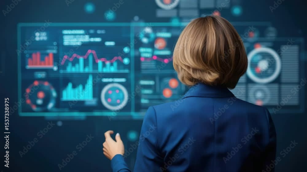 Poster a person in a blue suit interacts with a futuristic transparent digital interface displaying various