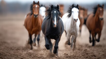 Herd Of Horses Running Wild In Dusty Field, Representing Animal Freedom And Natural Power