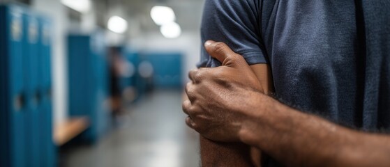 African American adult man clutching painful shoulder in locker room Concept of sports injury, muscle strain, and healthcare