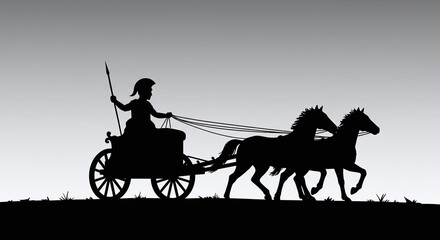 Chariot with Horses Silhouette Against Grey Sky Background