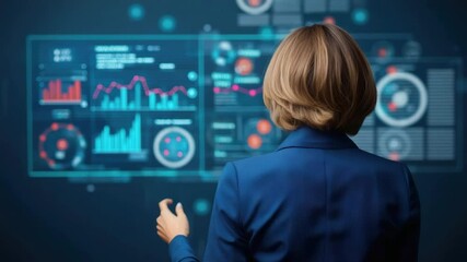 A person in a blue suit interacts with a futuristic transparent digital interface displaying various data charts and graphs. - Powered by Adobe