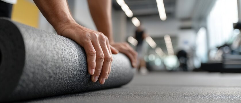 Mans hands rolling out foam roller on gym floor for muscle recovery and myofascial release after workout in fitness center Concept of selfcare, wellness, and exercise