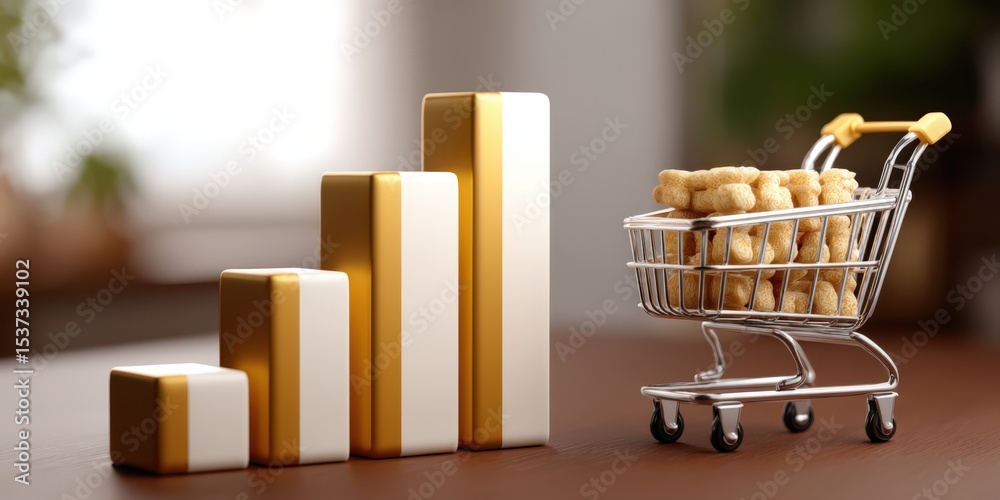 Poster rising bar graph with shopping cart full of snacks, representing growth and consumer spending