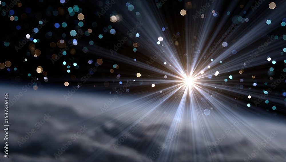 Poster bright light rays bursting through clouds with bokeh, representing hope and inspiration