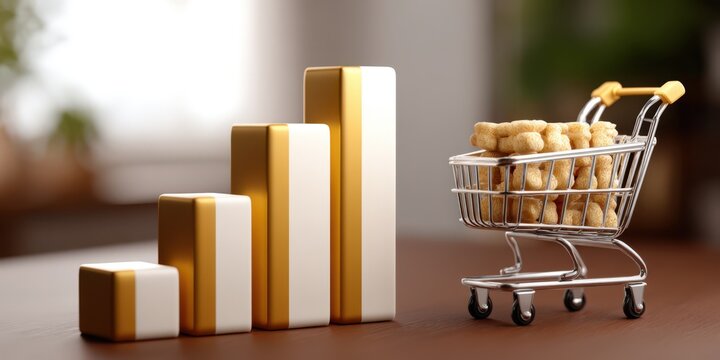 Rising Bar Graph With Shopping Cart Full of Snacks, Representing Growth and Consumer Spending