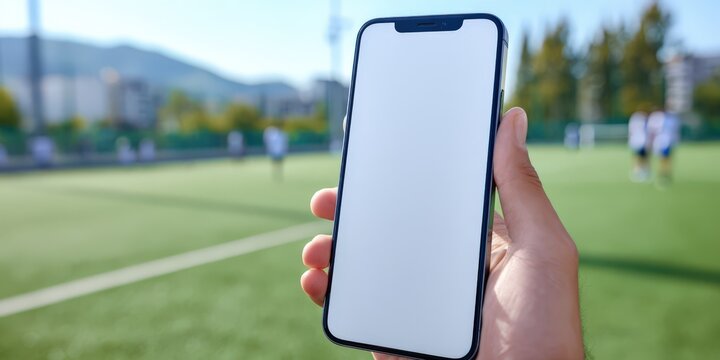 Hand Holding Smartphone With Blank Screen on Soccer Field, Ideal for Mobile App Advertising