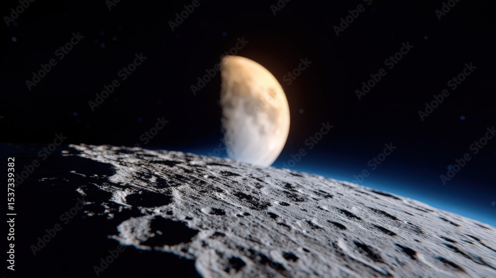 Aufkleber moon surface with craters and half moon in space, representing exploration and discovery