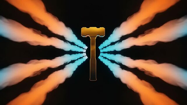 Abstract representation of a hammer surrounded by vibrant smoke patterns on a dark background