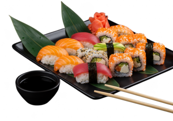 A vibrant sushi assortment, isolated on transparent background, features salmon, tuna, and avocado rolls, artfully arranged on a black plate with soy sauce and chopsticks