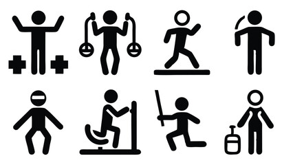 Simple black icon set depicting diverse exercise activities and fitness routines