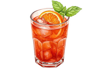 A refreshing aperol spritz, isolated on transparent background, garnished with an orange slice and mint sprig