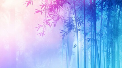 Fototapeta premium Digital illustration of a bamboo forest. the background is a gradient of blue and pink, with the blue on the right side and the pink on the left side.